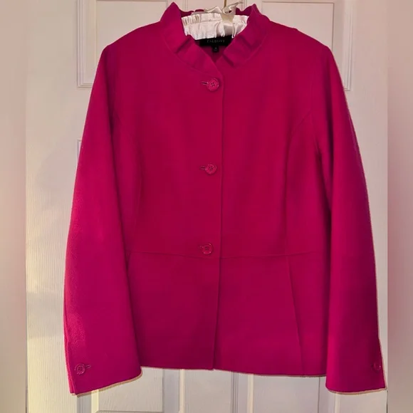 Talbots 🧥Jacket Size 12 Hot Pink Wool Blend Ruffle Collar Peplum Feminine, EUC - Picture 2 of 9